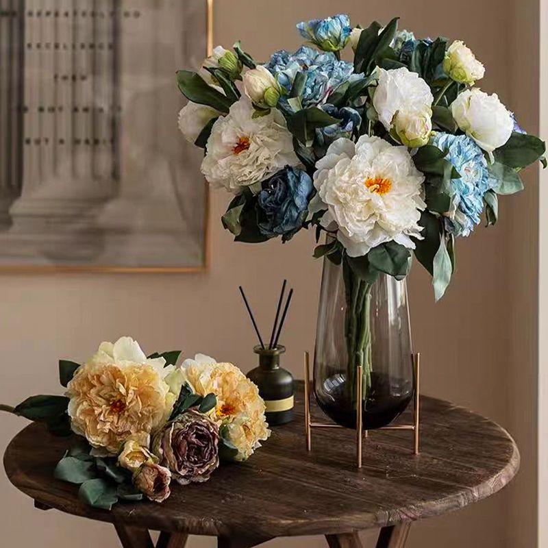 Oil Painting Peony Simulation Flower Light Luxury High-end Fake Bouquet Retro Ornament Living Room Dining Table Home Ornament Photo Fake Flower