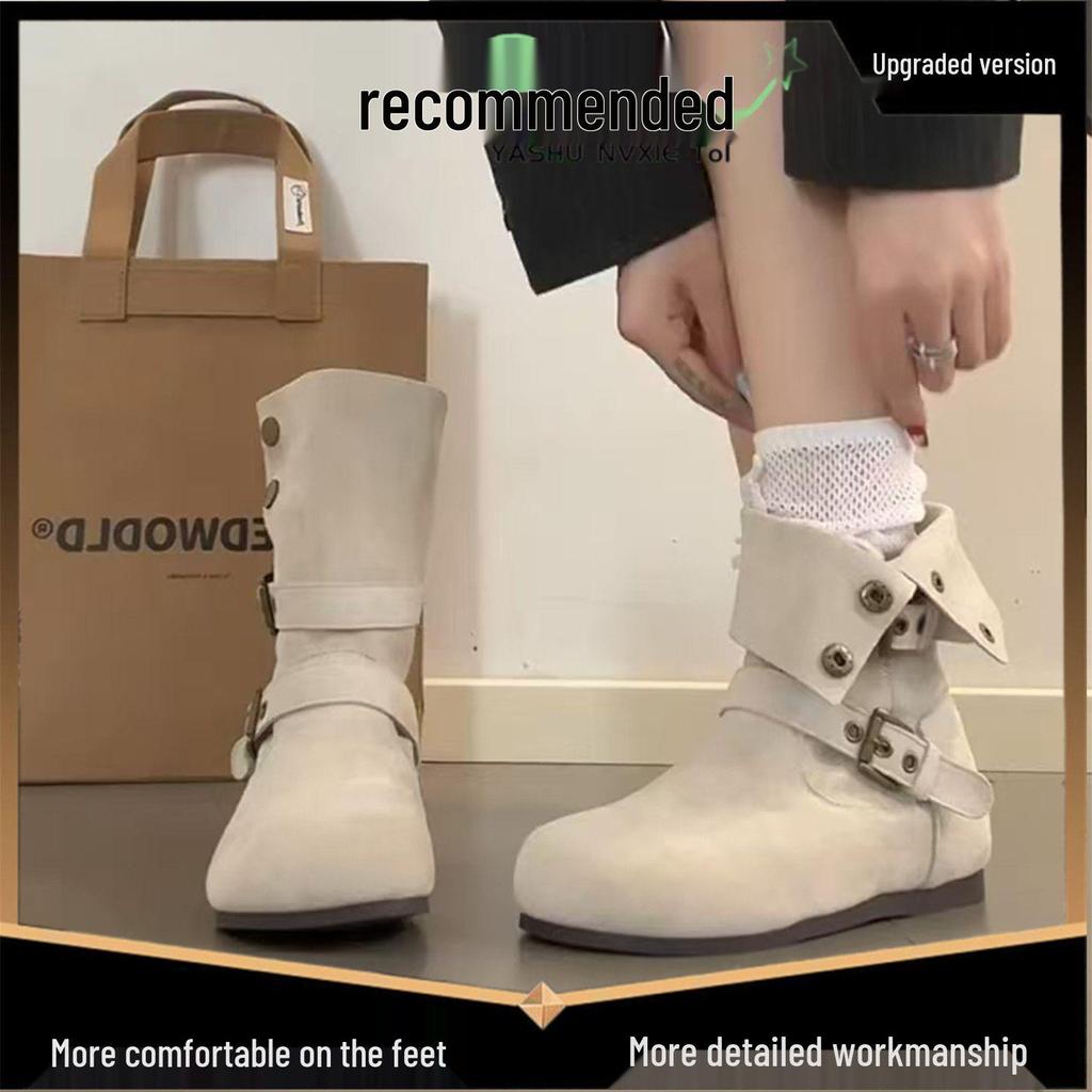 Damen Retro Birkenstock Slouchy Weiße Leder Schnallenstiefel - Faltbar Zwei-Wege-Trageweise mit Erhöhender Innenseite, Herbst/Winter 2025 Kollektion.