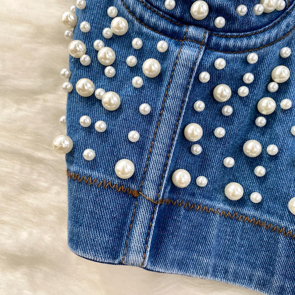 Vară Femei Sexy Curea Spaghetti Club Denim Sutien Cara De Lux Cu margele Perle Polo Dance Slim Shapewear