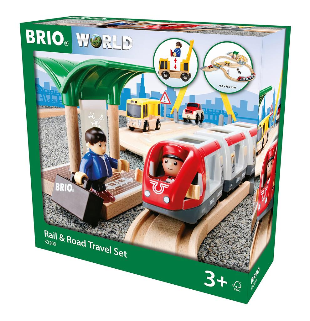 BRIO WORLD Rail & Road Travel Set [33-Piece Set] for Ages 3+ (Wooden Train with Rails) 33209