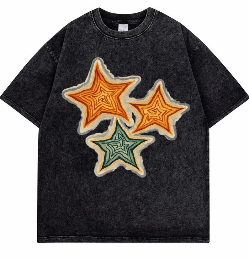 Trendy Geometrische Ster Unisex Vintage Gewassen T-shirt, Kleurrijke Streetwear Tee