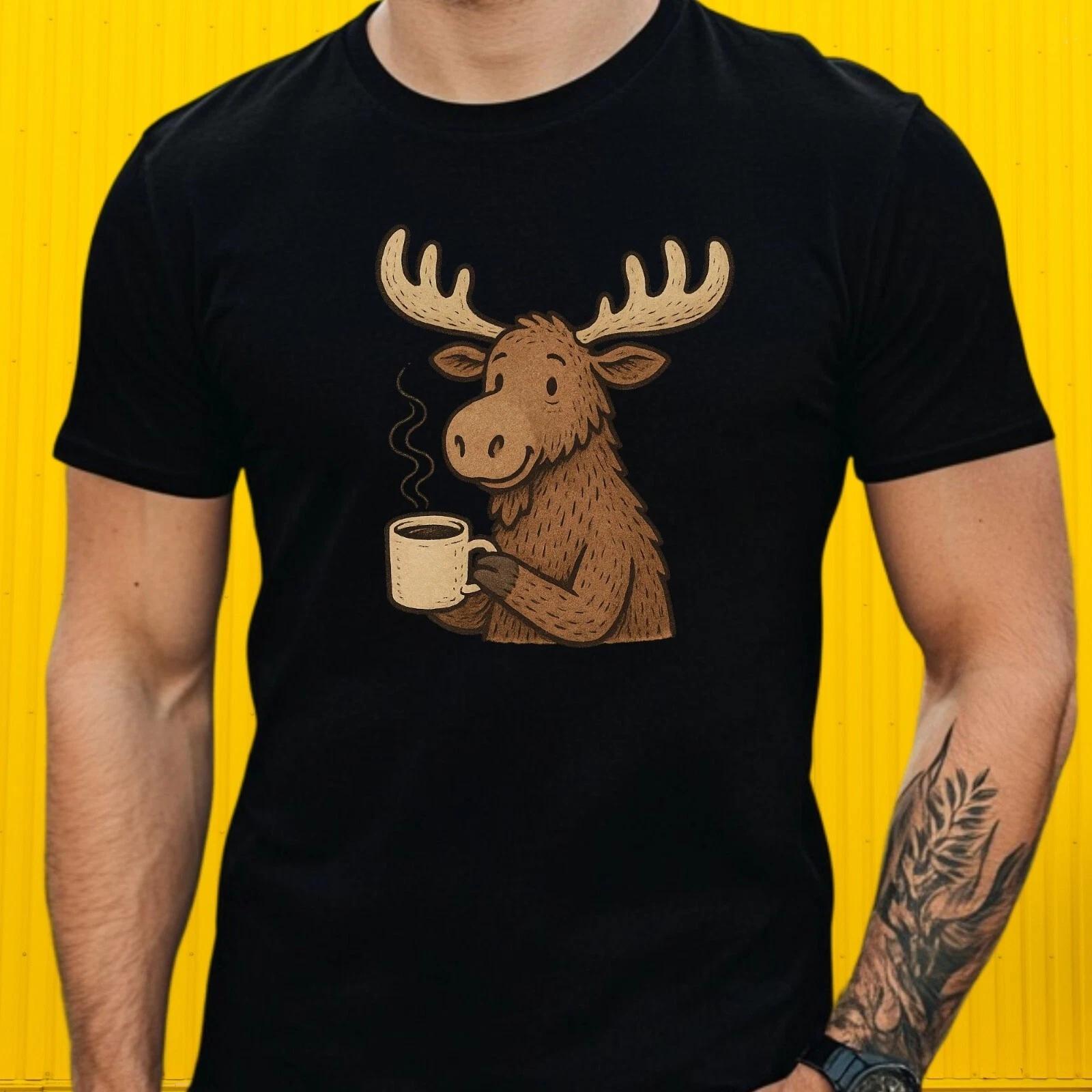 T-Shirt Herren Elch trinkt Kaffee Motiv Baumwolle Größe S bis 5XL XS