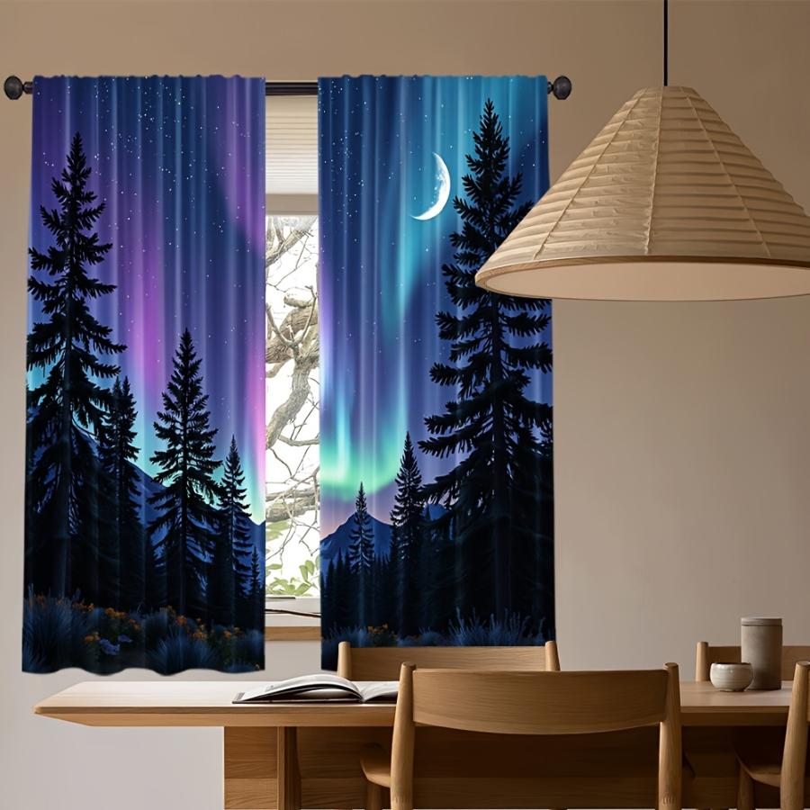 2PCS Digital Printed Curtains, Starry Sky Aurora Forest, Four Seasons Machine Washable Fabric for Bedroom Living Room Home Decor
