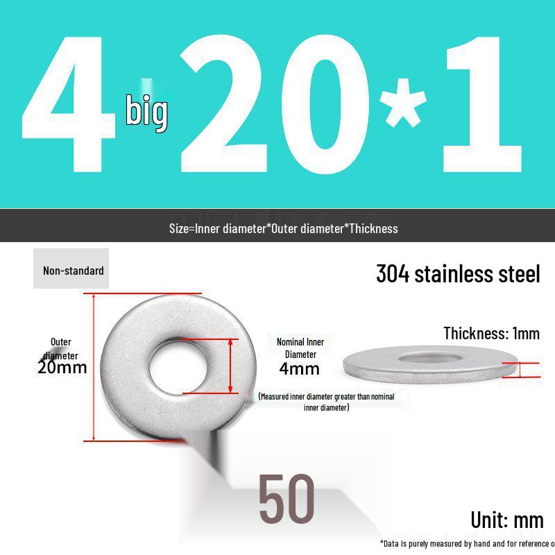 304 Stainless Steel Thickened Flat Washer Ring - Various Sizes (M1.6-M22)