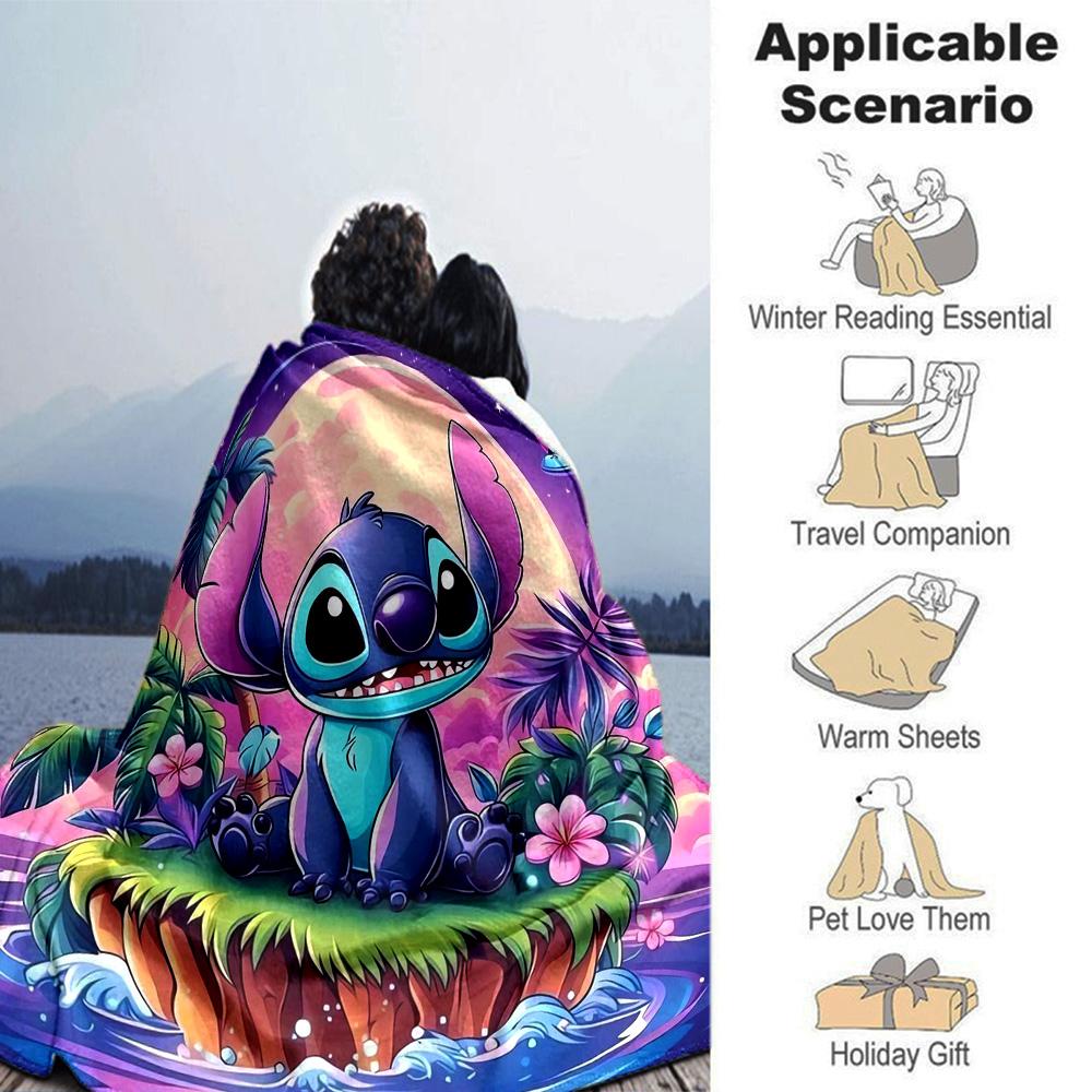 Stitch Moon Island Flannel Blanket Super Soft Warm Cozy Blanket for Sofa Bed Office Travel All‑Season Home Decor Gift