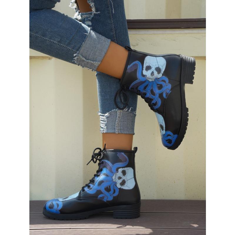 2024 Nouvelles Bottines pour Femmes Chaussures à Talons Bas Bottes Moto Tête de Mort Rétro en Cuir PU Automne et Hiver Chaudes Hautes Neige