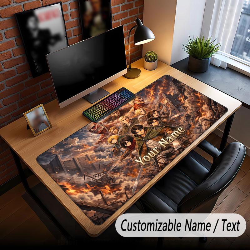 Alfombrilla de ratón extendida con nombre personalizado, alfombrilla de escritorio para juegos Attack on Titan para decoración de escritorio de oficina en casa