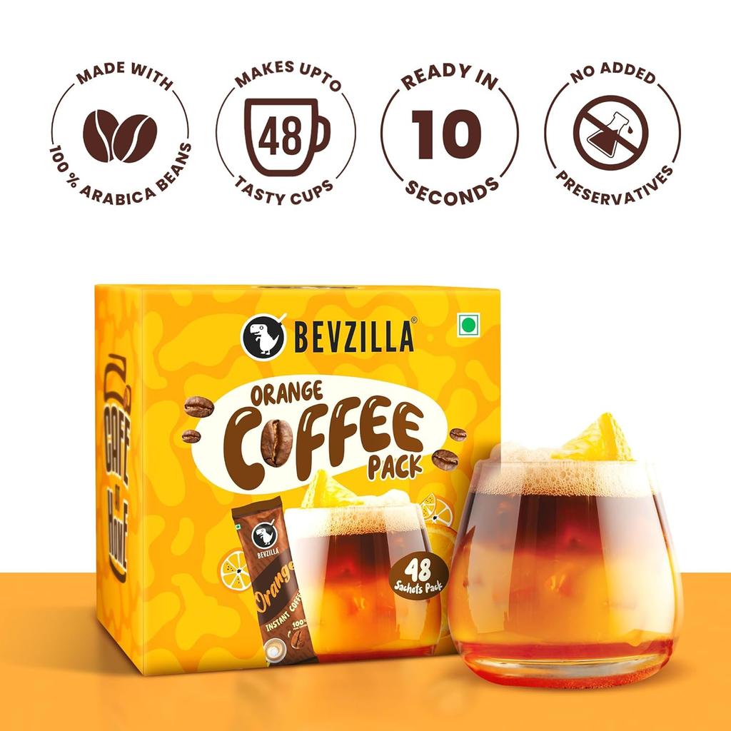 Bevzilla 48 Instant Coffee Powder Sachets (Orange) - 96 Grams | Makes 48 Cups|Arabica Coffee| Best For Espresso, Latte, Cappuccino