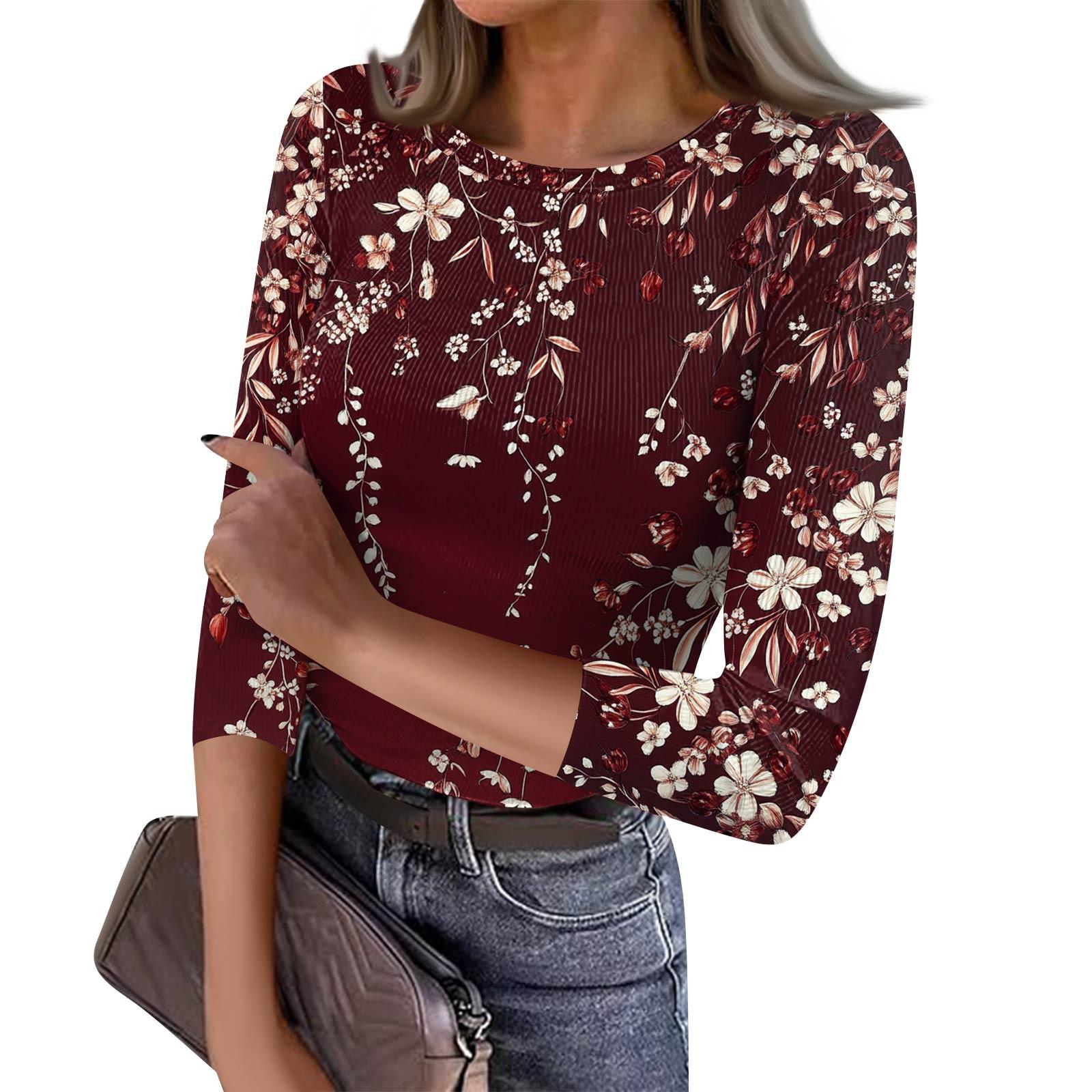 

Женская футболка с зауженным низом, модный повседневный пуловер с круглым вырезом и принтом, топ с семью рукавами S винный