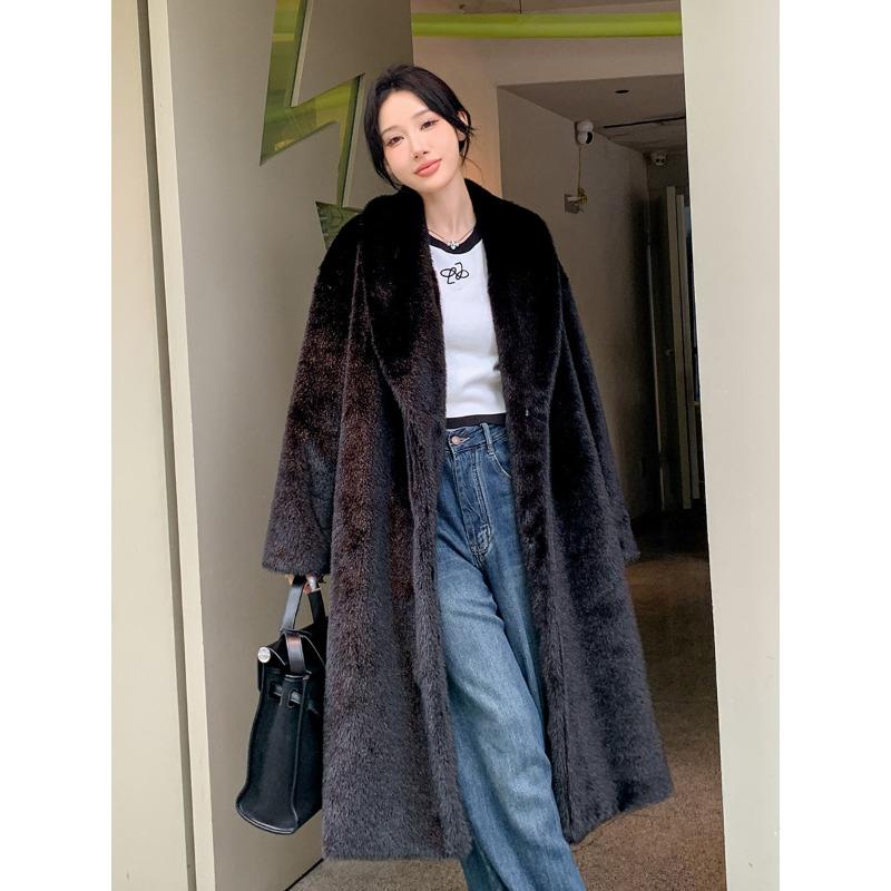 

Длинная шуба из искусственного меха зеленого цвета с воротником из искусственного меха норки, длинная экологичная шуба для женщин L чёрный