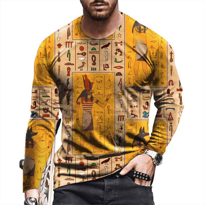 Ancient Egyptian Pattern Print T-shirt Autumn Men's O-Neck T-shirt Casual Long Sleeve Oversized Tops Fashion Streetwear Tees