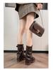 Women's Retro Buckle Mid-Calf Chunky Heel Boots: Round Toe, Wide Shaft, Ruched Ankle, Western Style for Autumn/Winter