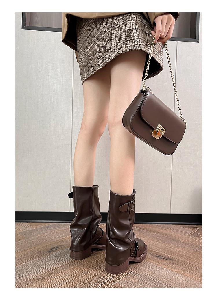 Women's Retro Buckle Mid-Calf Chunky Heel Boots: Round Toe, Wide Shaft, Ruched Ankle, Western Style for Autumn/Winter