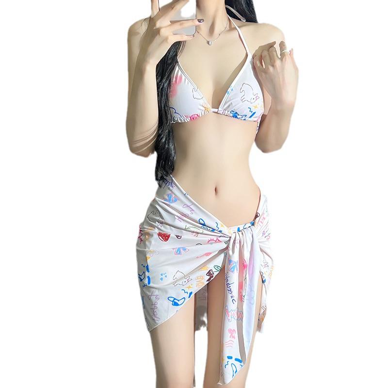 European-American Minimalist Deep V Print Bikini Set with Sexy Cover-Up Skirt