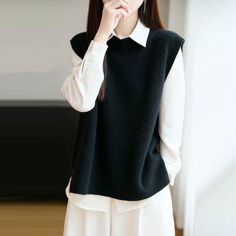 Women's Ribbed Knit Wool Vest - Round Neck Sleeveless Cardigan, Loose Fit Versatile Layering Top