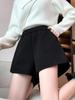 Women's Black High-Waist Woolen A-Line Wide-Leg Shorts - Autumn/Winter Casual Wear