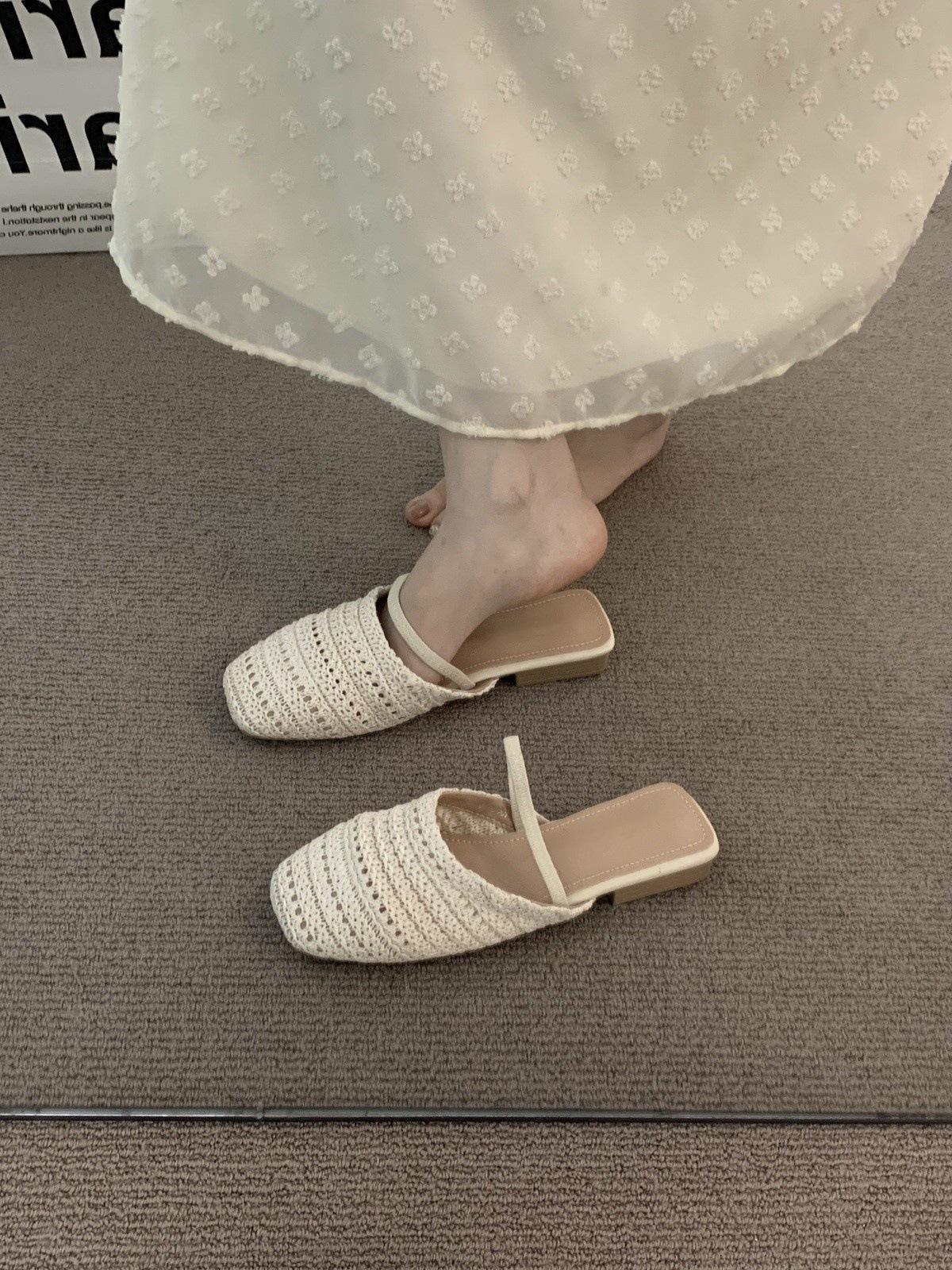 

Ретро коричневые плетеные полутапочки на плоской подошве, женская уличная обувь, весенне-летние тапочки с закрытым носком 40 бежевый