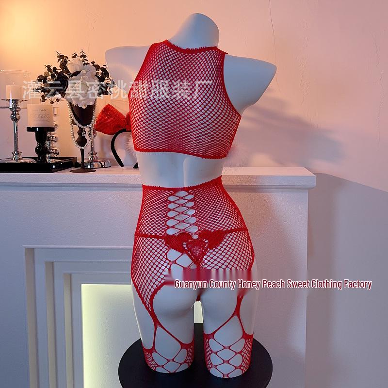 Red Fishnet Stockings with Golden Bow and Fluffy Christmas Accent