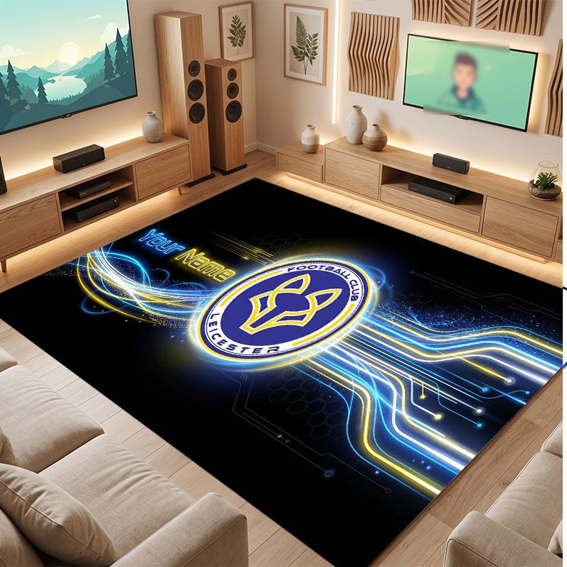 Leicester City Custom Crystal Velvet Rug, Personalized Name Text Print, Football Logo Soft Non‑Slip Floor Mat Home Decor Gift