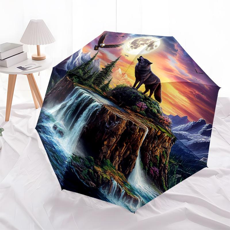 1 PC Automatic Folding Umbrella - Moonlit Wolf and Eagle Pattern, Portable & Foldable Design with 8 Ribs, Christmas Birthday Gifts