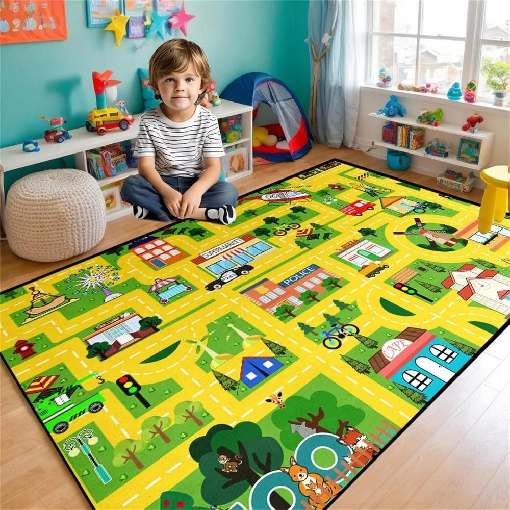 City Life Kids Car Road Rug Educational Traffic Play Mat with Supermarket Police Car Children's Bedroom Playroom