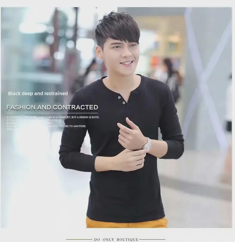 Herren-T-Shirt aus Baumwolle im koreanischen Stil mit V-Ausschnitt und langen Ärmeln und schmaler Passform