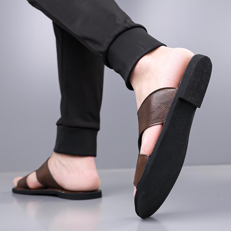 Men Black Leather Slippers Handmade Simple Flats Summer Brown Roman Sandals Open Toe Beach Shoes Plus Size