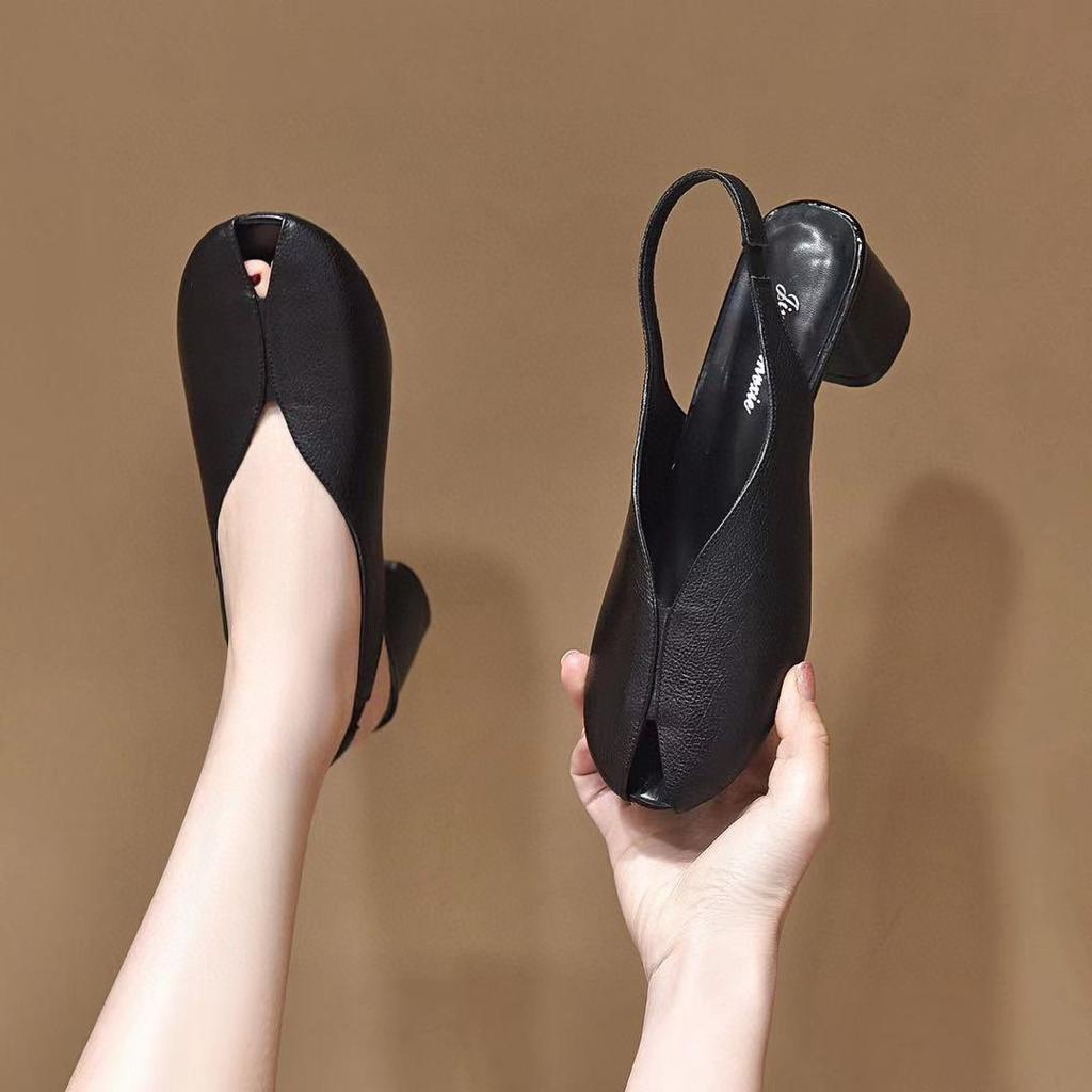 High-heeled Sandals Summer New Bag Head Empty Thick Heel Women's Shoes First Layer Cowhide Fish Mouth Fashion Shoes