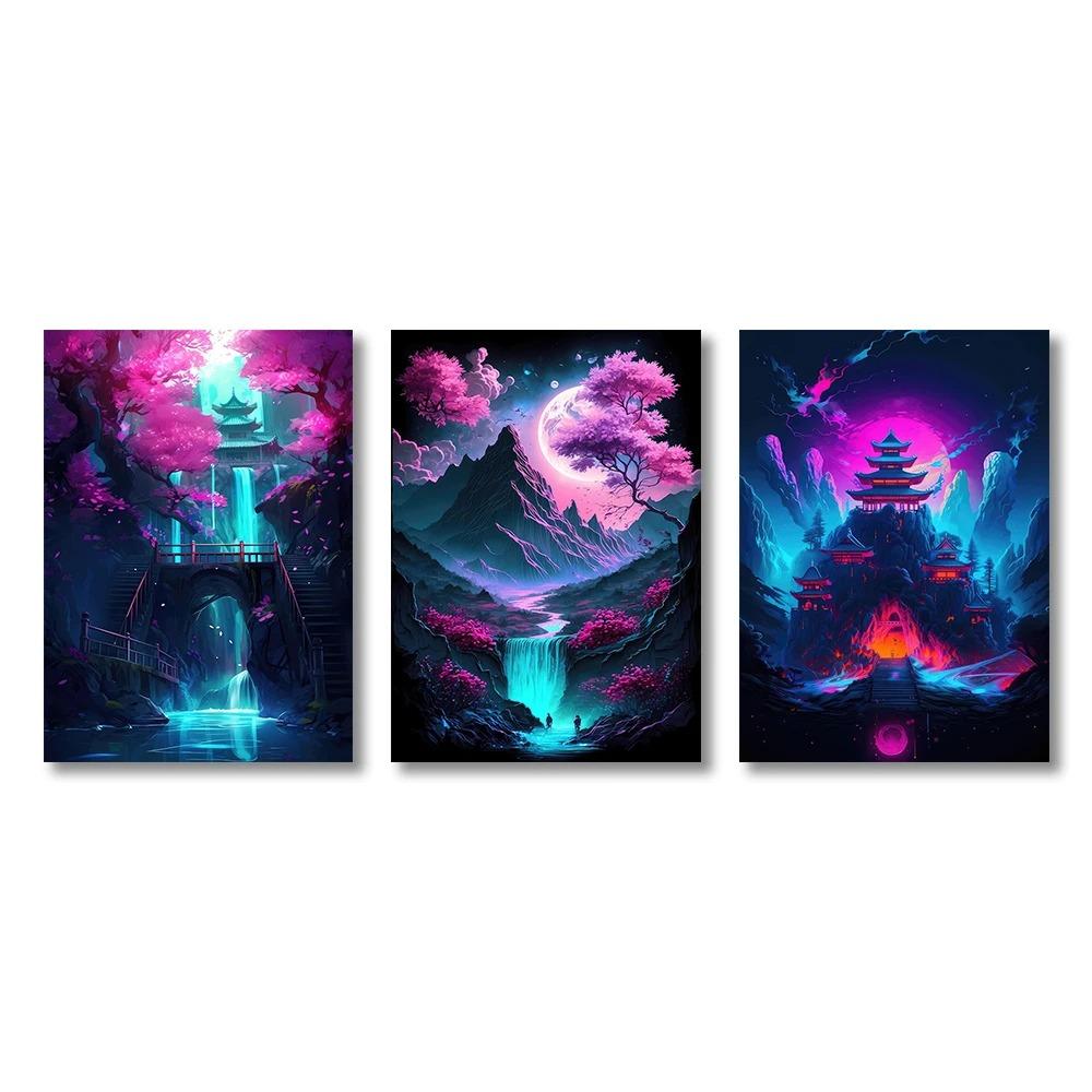 Fantasy Pink Neon Color Landscape Wall Art Canvas Paintings Japanese Anime Cyberpunk Poster Prints Pictures For Home Decoration