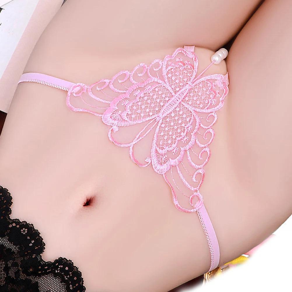 G-string Women Lace Embroidered Thong Panties Butterfly Sexy Pearl Beaded Open Crotch Underwear Low Waist Large Size Knickers