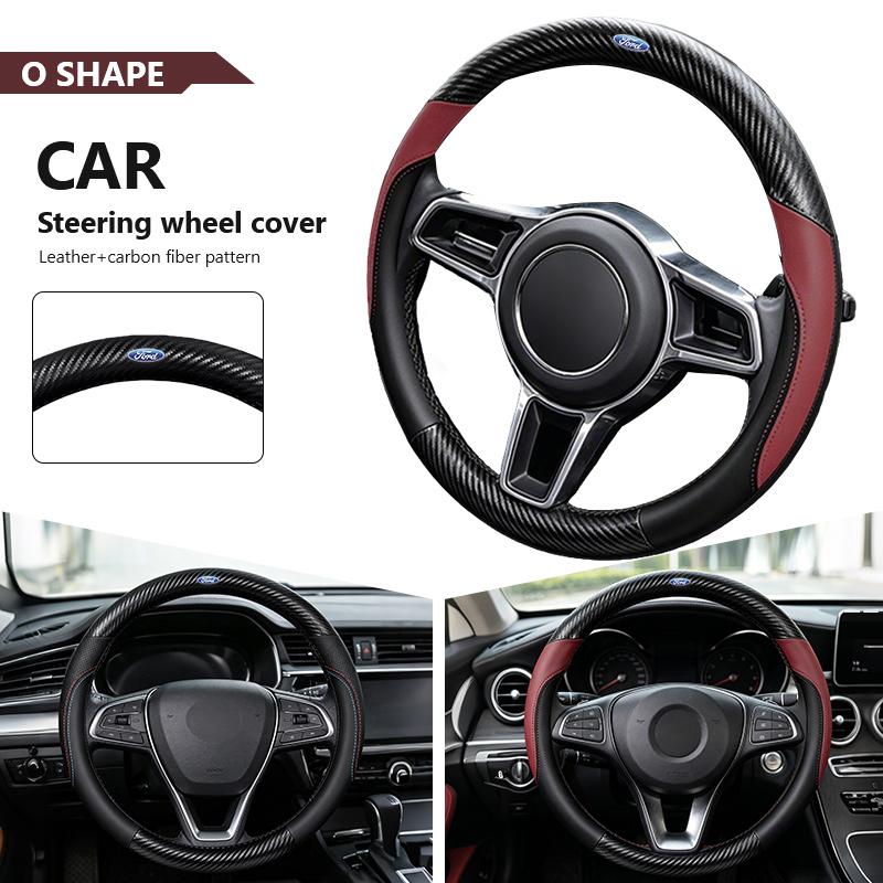 38CM Carbon Fiber Texture Car Steering Wheel Cover For Ford Mustang Fiesta Focus Mondeo Kuga Ecosport Edge Explorer F150 Sticker RM9