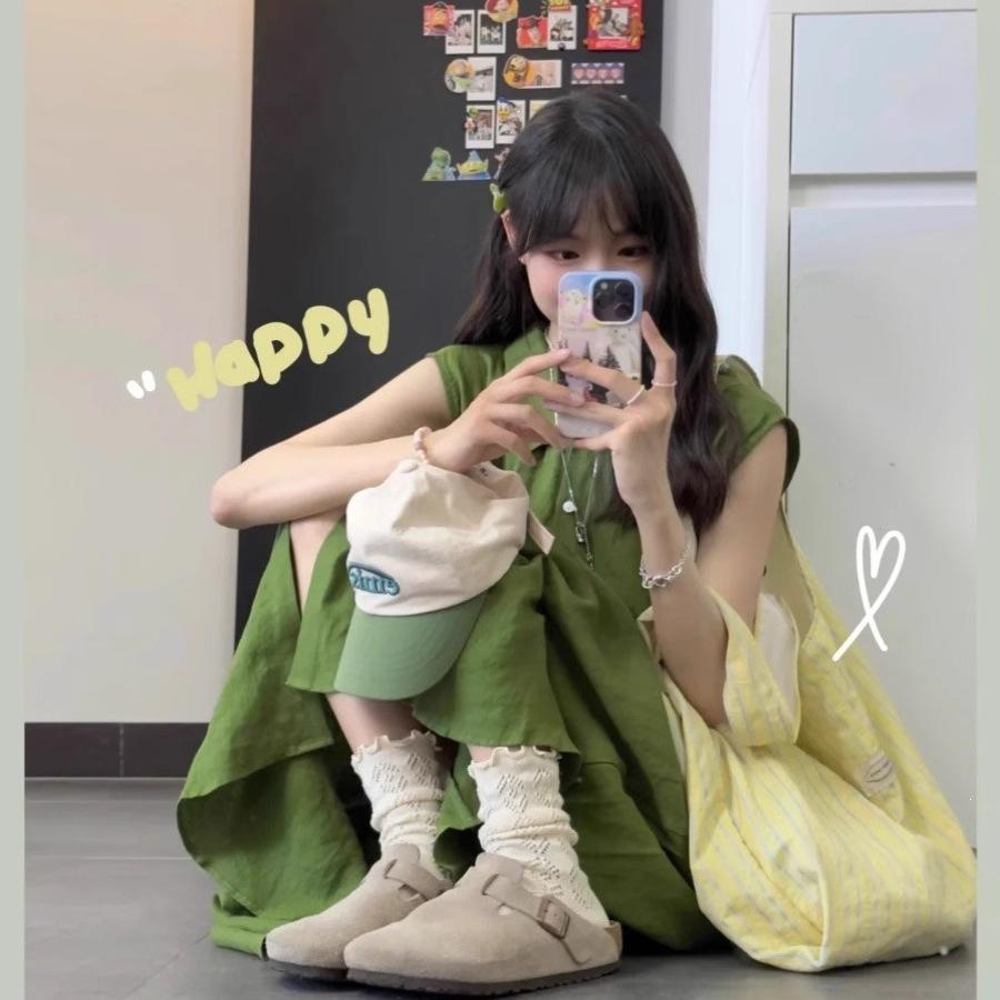 Retro literary green shirt sleeveless dress women's simple casual summer comfortable relaxed atmosphere long skirt