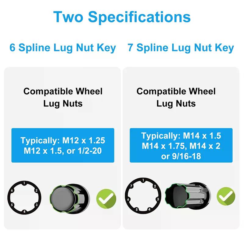 Small 6 Spline & 7 Spline Sockets Fuel Rim Lug Nut Key Wrench For Aftermarket Lugnuts 14X1.5, 14X2.0, 12X1.5, 12X1.25