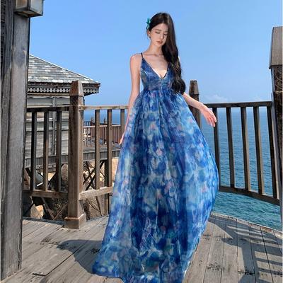 French Pure Desire Floral Suspender Dress Female Summer Lisianthus Skirt Long Dress Seaside Vacation Beach Skirt Fairy Skirt