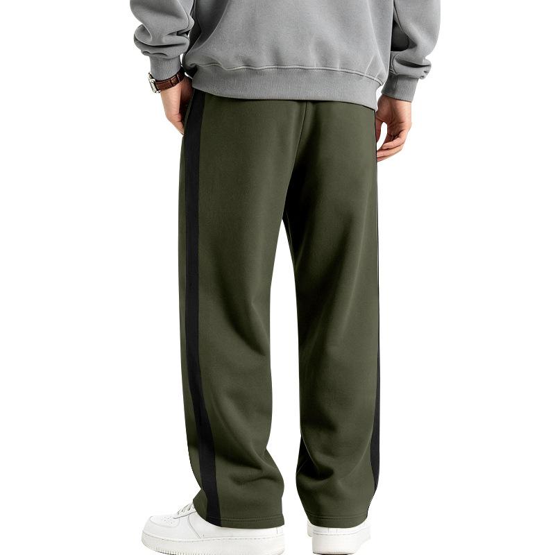 Pantaloni de trening largi pentru bărbați, căptușiți cu fleece, tricotaj greu, dungă contrastantă laterală, șnur, croială largă, casual, sport