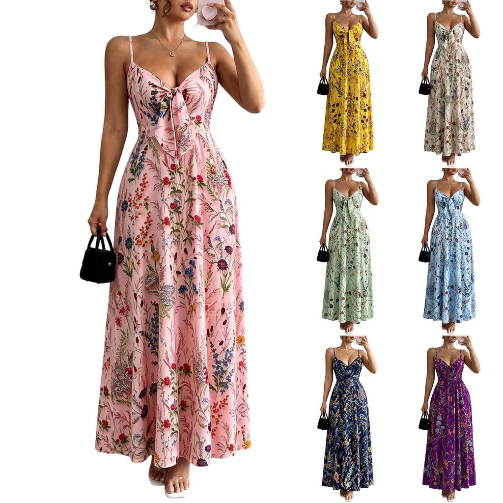 Women's Colorful Floral Print V-Neck Spaghetti Strap Dress