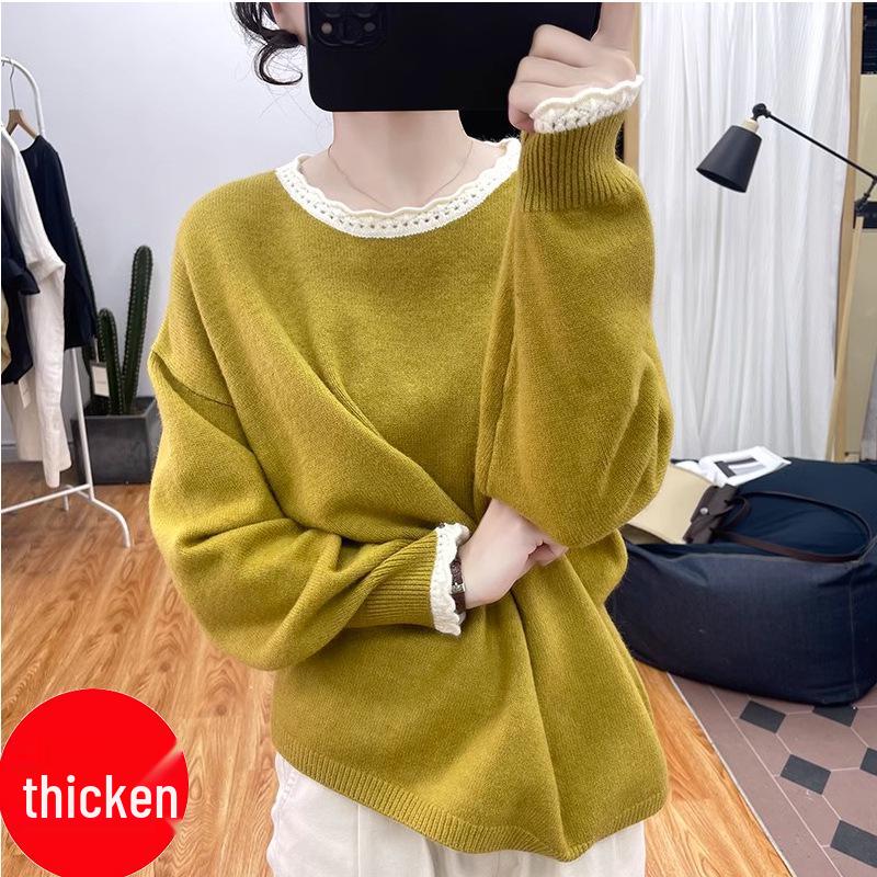 Damski sweter z koronkowym kołnierzykiem i kolorowym blokiem kolorów, odmładzający – jesień i zima, gruby, luźny krój, kolekcja 2025