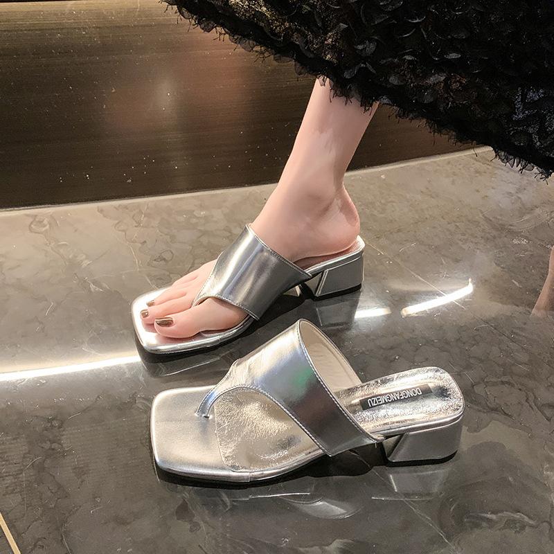 Niche Design Slope Heel Flip-flops Shoes Women Wear Summer New Silver High-heeled Sandals