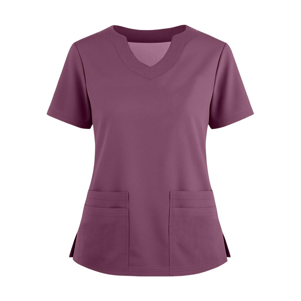 Women's Short Sleeved Solid Color V-neck Buttonable Side Slit Top T-shirt