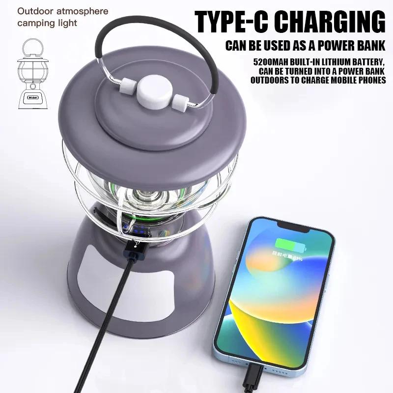 Outdoor New Retro Camping Lamp Multifunctional Camping Lamp Outdoor Rechargeable Portable Lantern Tent Lamp Wholesale Rotary Swi