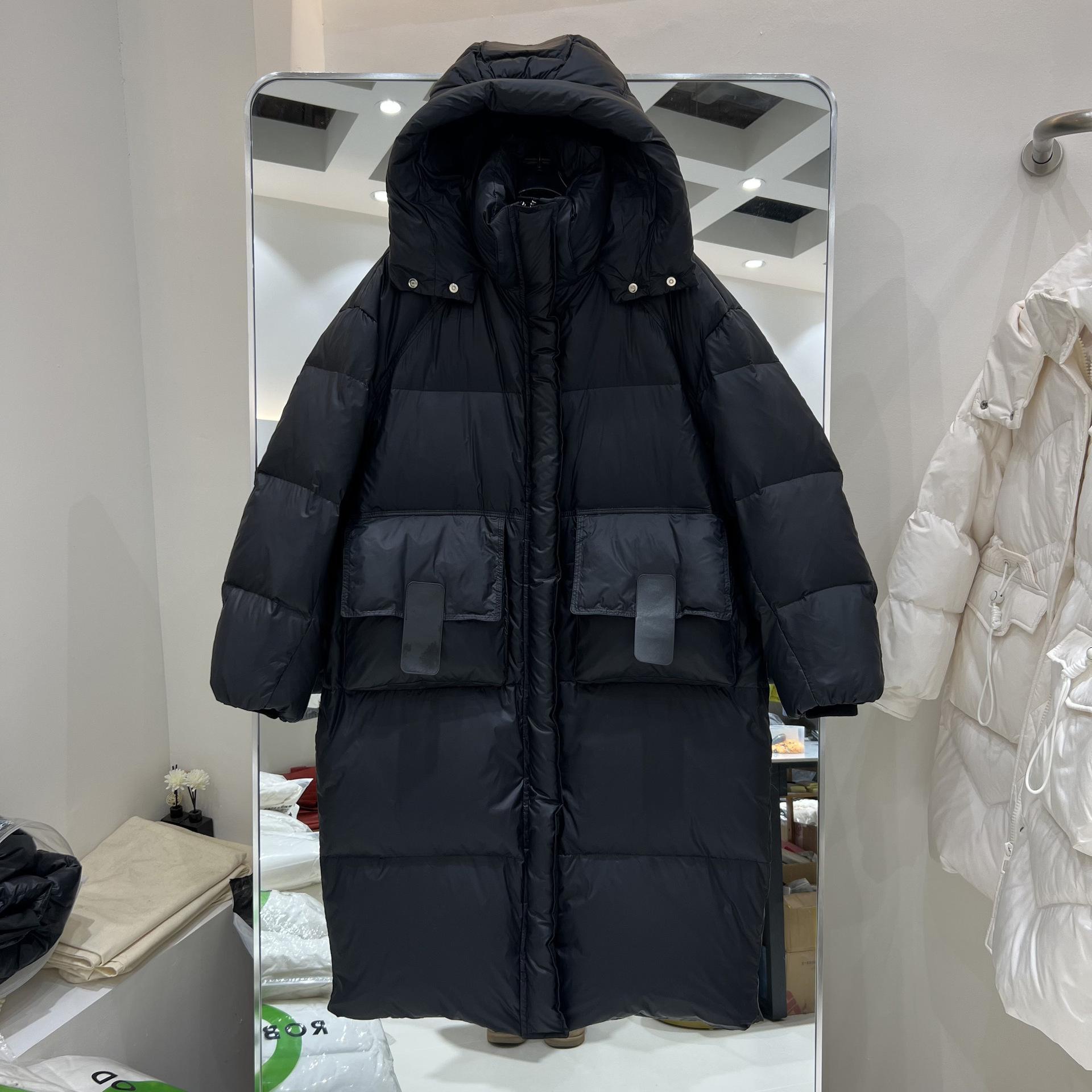 

Зимняя новая куртка средней и длинной длины до колена с капюшоном, утолщенная, свободная, кожаная, модная, легкая, роскошная, корейская версия, из белого утиного пуха One Size чёрный