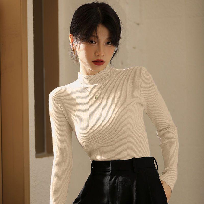 Women's Autumn Winter Turtleneck Sweater Short Length Long Sleeve Knitted Base Layer Slim Fit Pullover Top