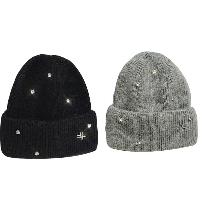 Acrylic Fibre Knitted Brimless Hat with Rhinestones Decors Winter Warm Skull Cap For Women Teens Girl Daily Outfit