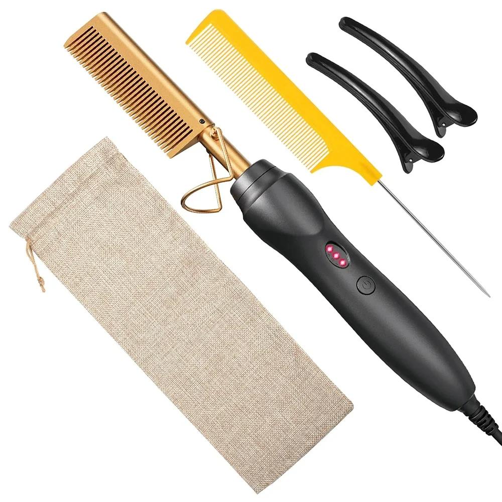 Heat Pressing Combs Portable Ceramic Curling Iron Hot Comb Hair Straightener for Hair Beard Wigs Wet and Dry Hair Styling Tools