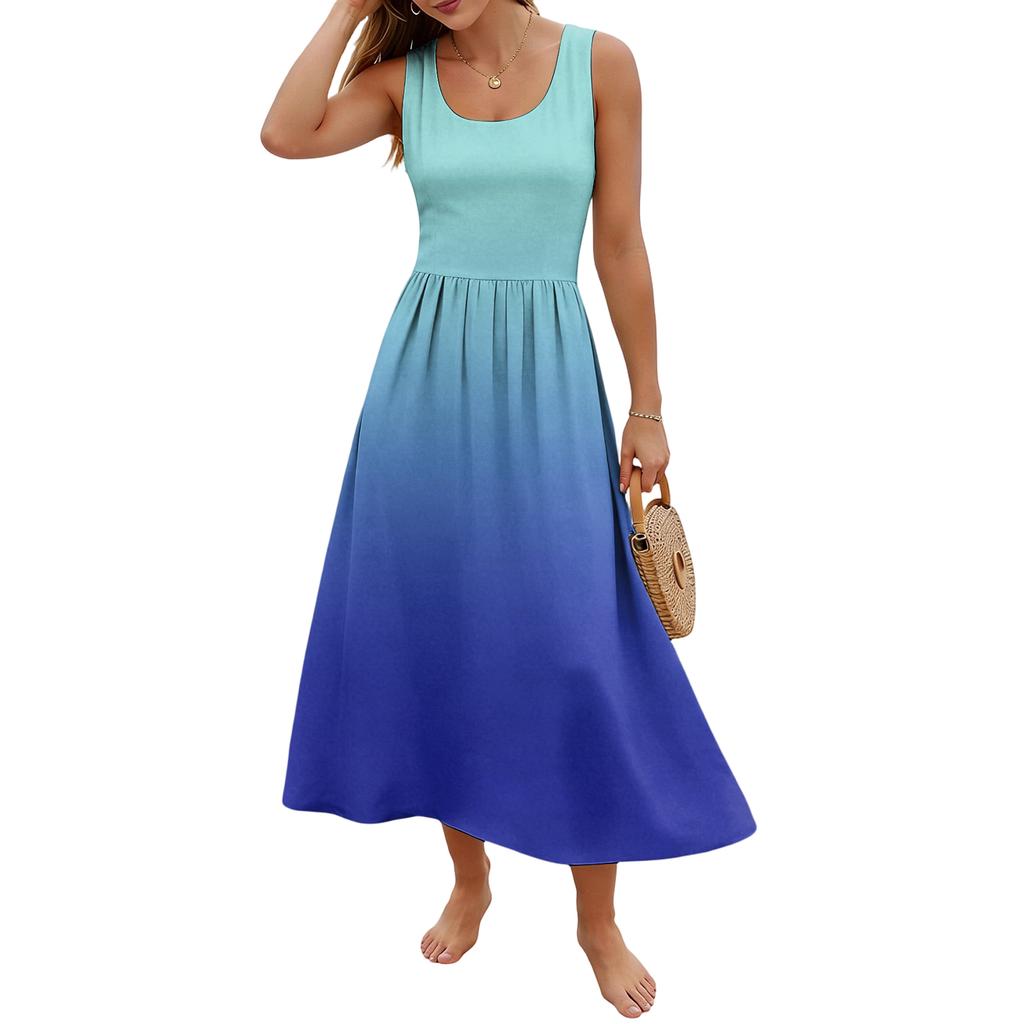 Women Sleeveless Gradient Print Casual Summer Long Dress Scoop Neck Relaxed Fit Lightweight Maxi Dress for Daily Wear