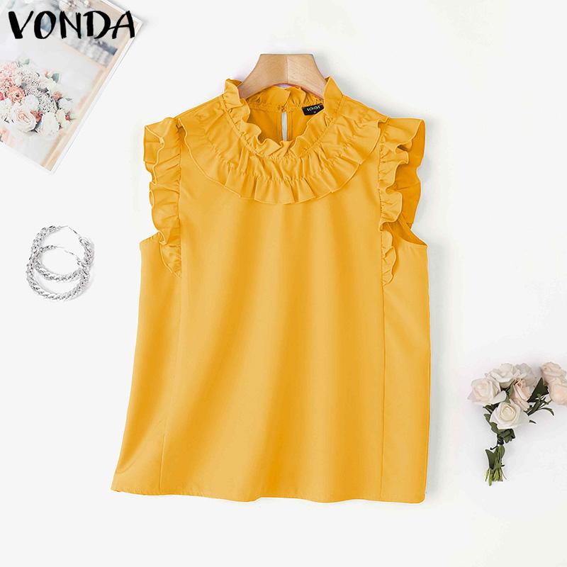 

VONDA Summer Women Ruffled Neck Sleeveless Solid Color Casual Tank Tops 5XL темно-синий
