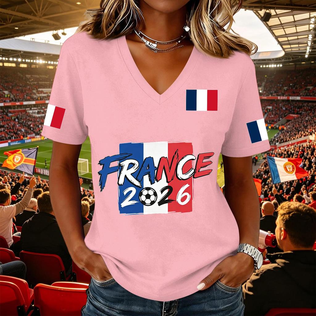 Women's Casual V Neck Pullover Top Short Sleeve Soccer Fan Shirt National Flag Print Support Tee for Outdoor Activities