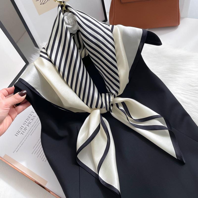 Elegant Striped Silk Scarf: Large Square for Women’s Spring & Autumn, Versatile Sunscreen, Mulberry Silk 90 Shawl