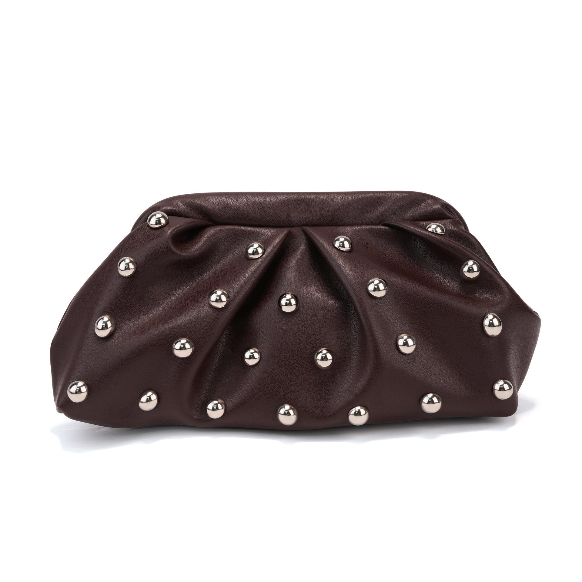 

Trendy Single Shoulder Diagonal Clip Bag, Mushroom Nail Chain Clutch, Pleated Bag, Women s Bag темно-коричневого кольору