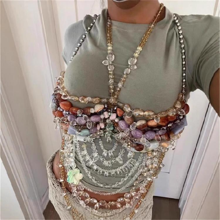 Fashion Layer Acrylic Stone Body Chain Bra Top Adjustable Closure Designs for Women's Beachwear and Dance Event
